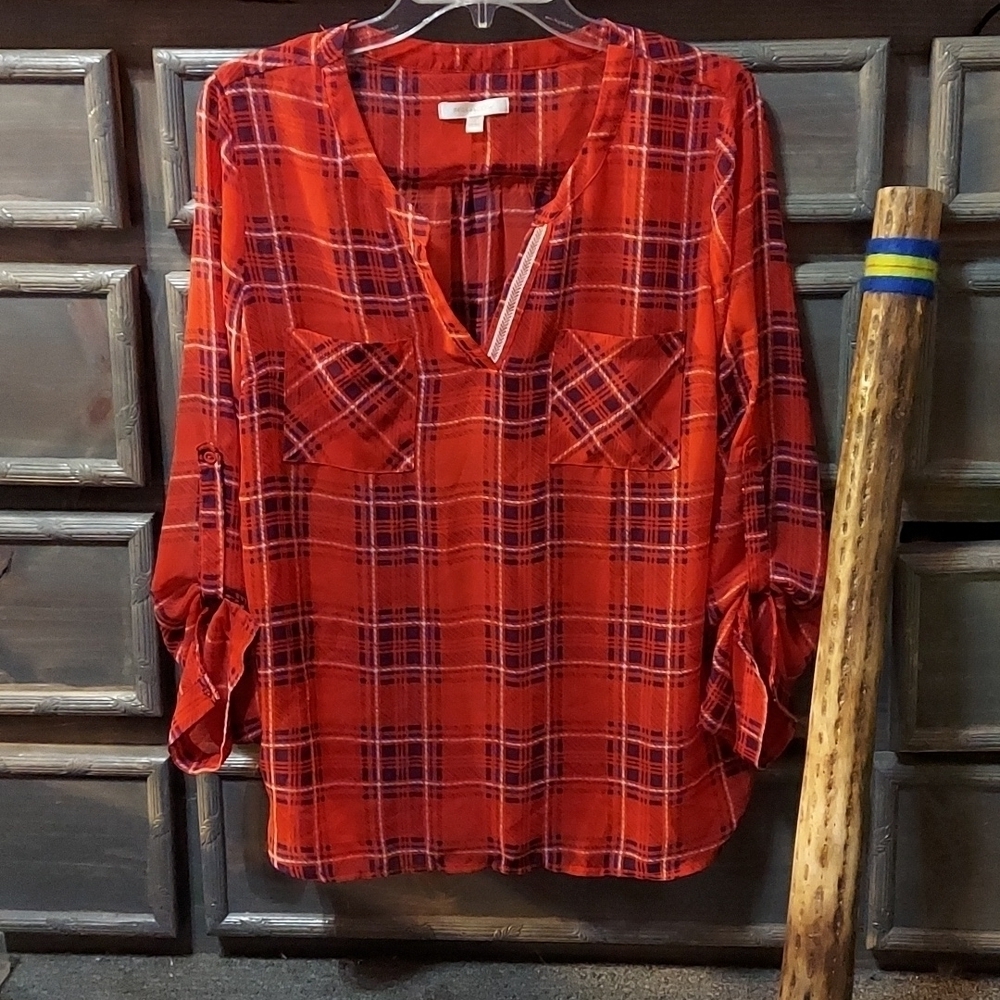 SHEAR Red Plaid Skis Are Blue Blouse Size L